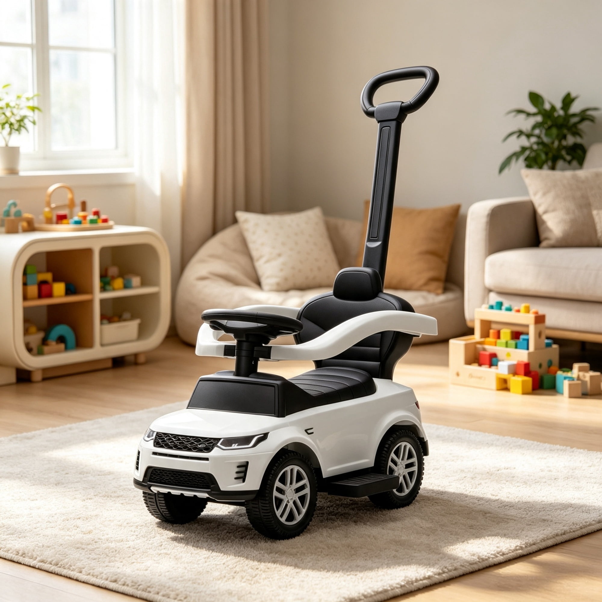 2-in-1 Baby Push Car & Ride-On, Push Handle with Safety Guardrail, White