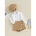 thumbnail image 3 of Liacowi Toddler Baby Girl 3Pcs Fall Outfits Long Sleeve Keyhole Ribbed Tops + Shorts + Hat Set 6M 12M 18M 2T 3T 4T 5T Kids Clothes, 3 of 8
