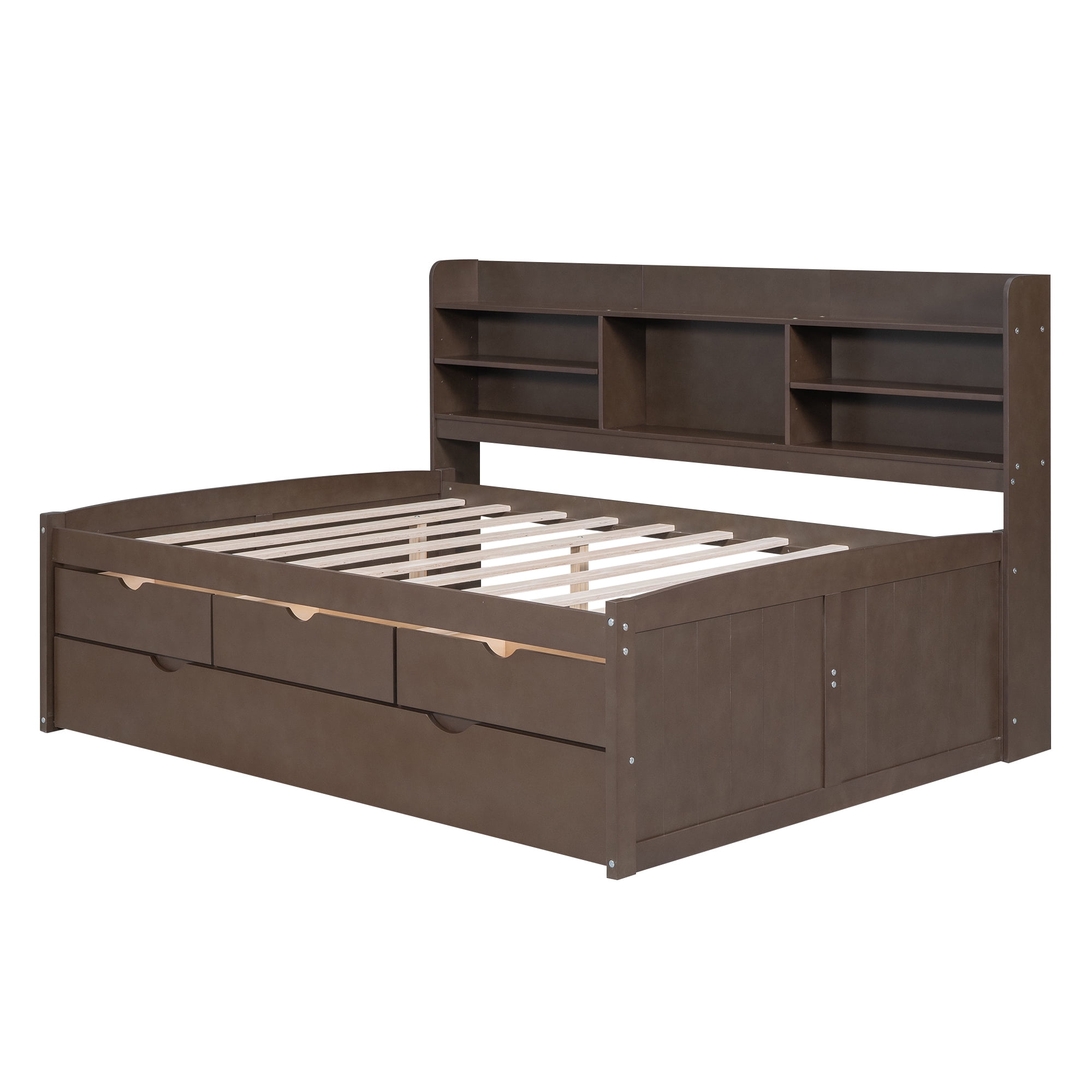EUROCO Full Size Captain Bed, Daybed with Trundle and Bookcase, 3 Drawers and Shelf Platform Bed for Kids Teens, Espresso