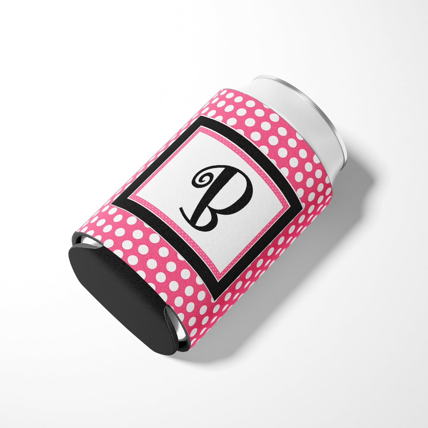 Letter B Initial Monogram - Pink Black Polka Dots Can or Bottle Beverage Insulator Hugger