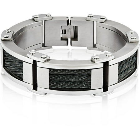 Crucible Stainless Steel Cable Inlay Link Bracelet, 8.5, 22.4mm