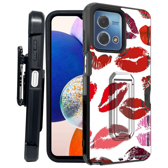 ANJ  Rugged Shockproof Kickstand Hybrid Case with Card Slot and Holster   Tempered Glass Cover for Motorola Moto G Stylus 5G (2023) - Red Hot Lips