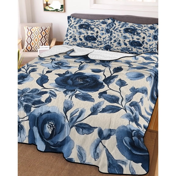 Navy Blue Botanical Peony Queen Size Down Alternative Comforter, Lightweight Comforter Quilt Bedding Set with Pillow Shams Vintage Floral Blossom All Seasons Bed Comforter Duvet Insert 90"x96"