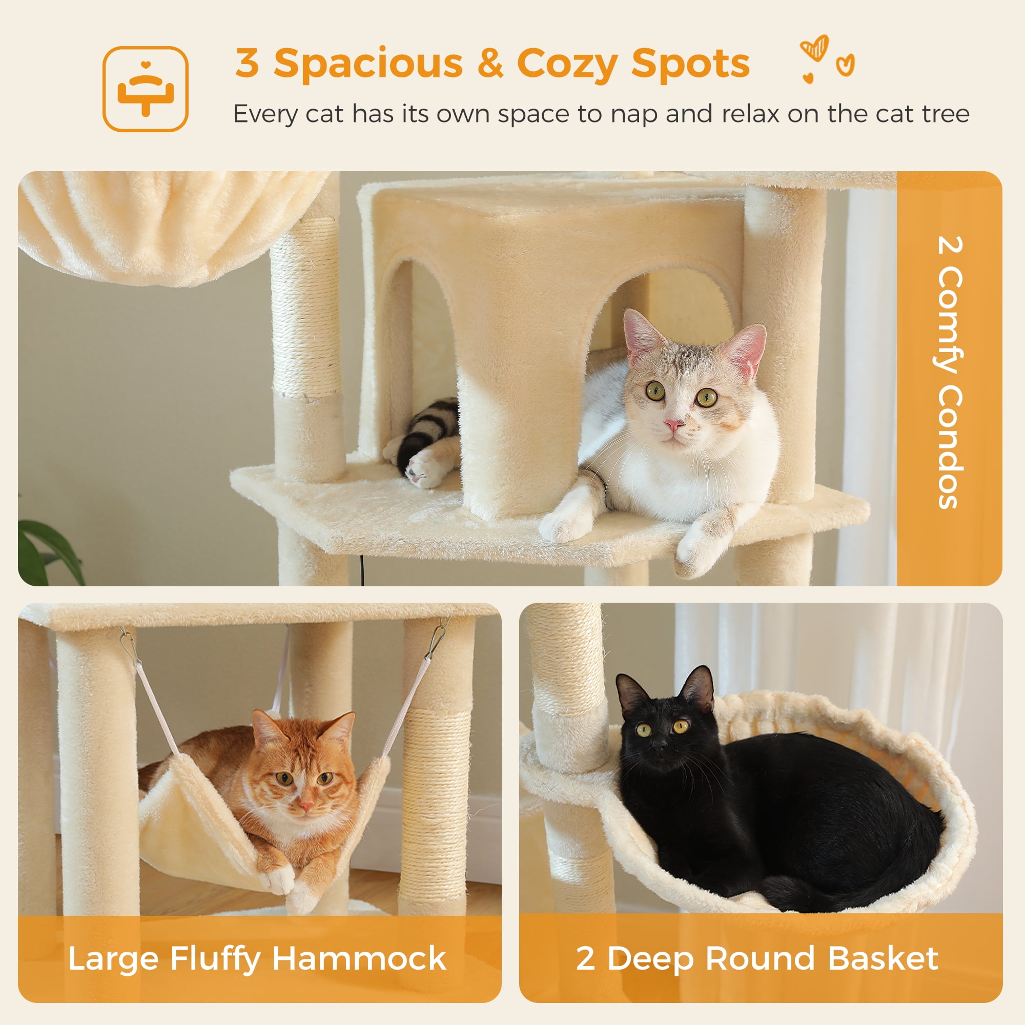 Pefilos 70" Tall Cat Tree Tower with Hammock, 5 Scratching Posts, 2 Condos and a Large Top Perches for Large Cats, Beige