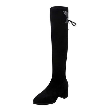 

Lovskoo 2024 Women s Knee High Boots Thigh High Faux Suede Round Toe Chunky Stacked Heel Shoes Winter Flock Over-The-Knee Bowknot 8Cm High Heels Boots Black-High