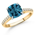 thumbnail image 3 of Gem Stone King 2.98 Cttw London Blue Topaz and White Lab Grown Diamond Engagement Ring for Women | 10K Yellow Gold | 8MM Cushion Cut | Wedding Engagement Anniversary Promise Ring for Women | Size 5, 3 of 5