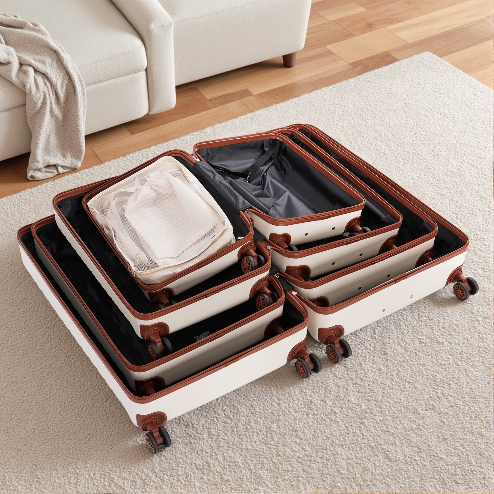 Gowill 4 Piece Luggage Sets with 7 Pieces Organizer Bags, 20/24/28/32 inch ABS Carry-on and Checked Suitcase Large Travel Sets, White Tan