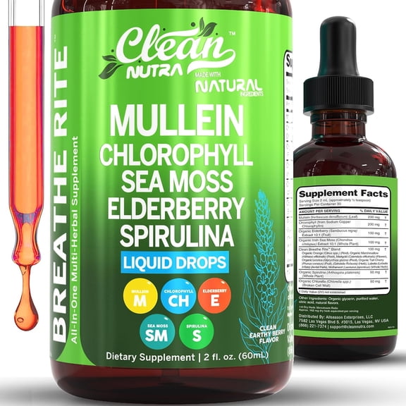 Clean Nutra Mullein Drops for Lungs Organic Chlorophyll Liquid Irish Sea Moss, Spirulina, Licorice, Tart Cherry Lobelia, Motherwort & Elderberry Mullein Leaf Extract Tincture Men Women Supplement