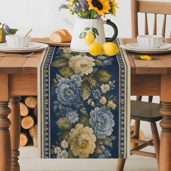 Burlap Table Runner 48 Inches Long, White Blue Flowers Hydrangea Non-Slip Kitchen Table Runners for Dining Room Everyday Use Party Table Decorations Green Leaves
