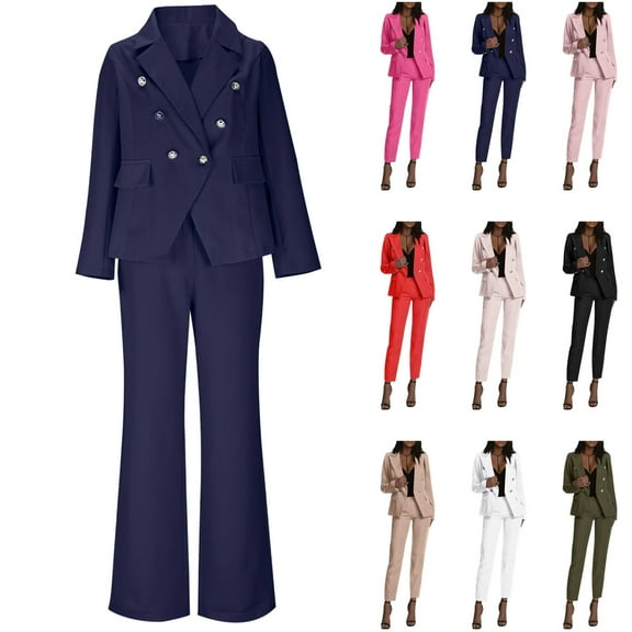 BiZtdJrK Two Piece Sets for Women Business Casual Outfits Elegant Double Breasted Long Sleeve Blazers and Slim Dress Pants Office Suits Dark Blue L Mother's Day Gifts