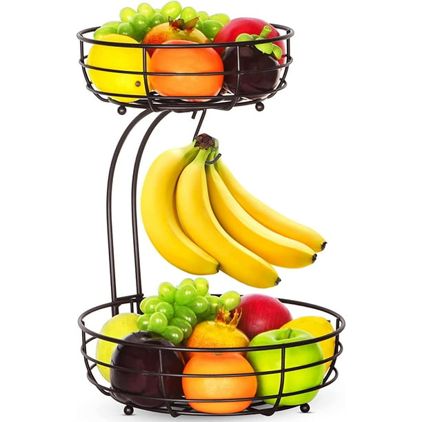 2Tier Fruit Basket with Banana Holder Vegetable Fruit Bowl for Kitchen