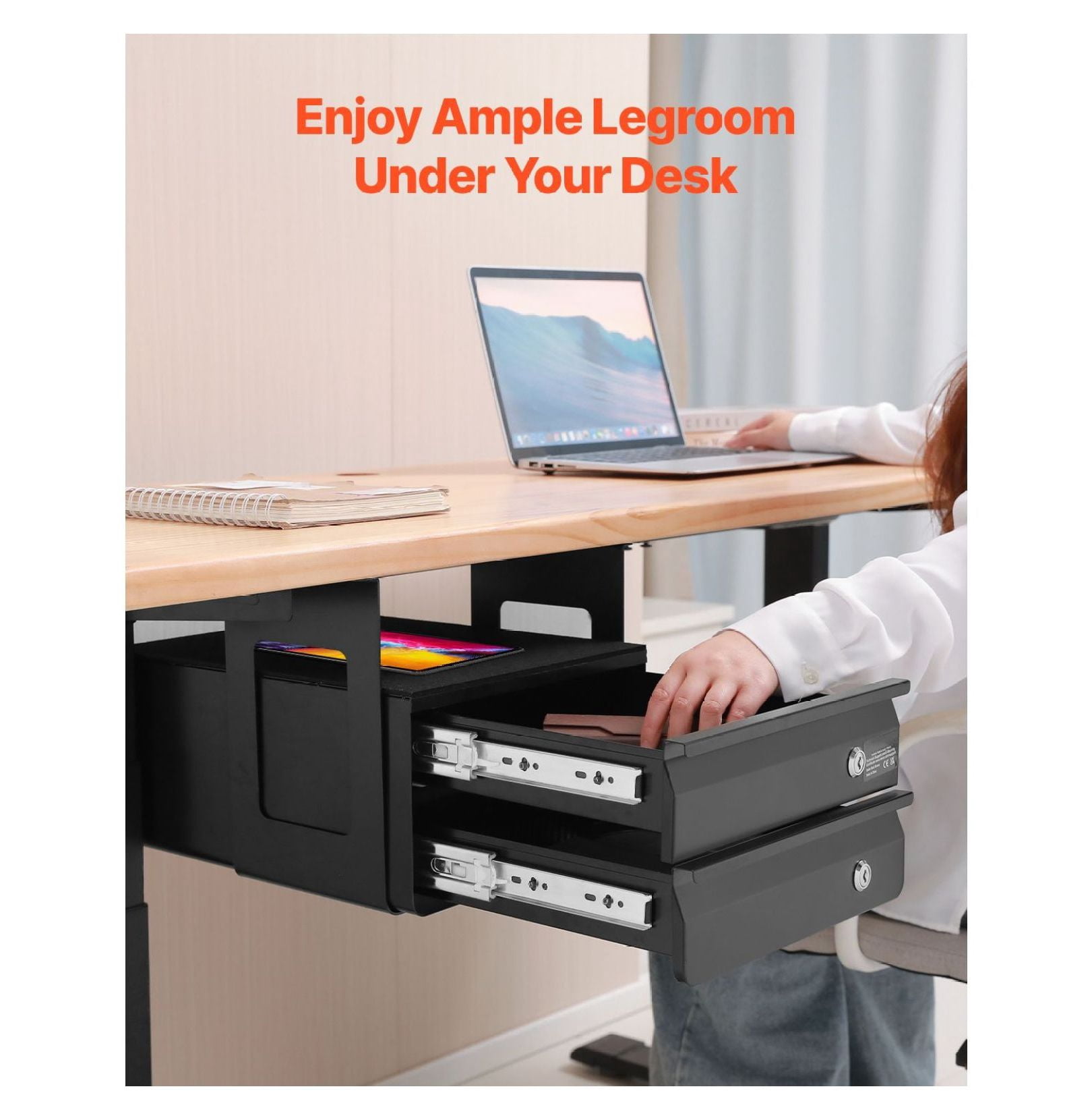 Under Desk Drawer, 13" Wide Slide Out Organizer, Lockable Hidden Storage, Undermount Pull-out Drawer for Desk, 2 Layer Desktop Organizer, Sit Stand Workstation