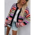 thumbnail image 6 of Women'S Multicolored Striped Crochet Knit Cardigan Crew Neck Flared Sleeve Button Y2K Sweater Coat Black S, 6 of 10