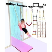 Kids Doorway Gym Swing Set with Pull Up Bar 7 in 1 Indoor Gym and Playground Combo for Children, Includes Climbing Cargo Net, 2x Gymnastic Trapeze Rings, Rope Ladder, and 6x2 Gymnastics Mat