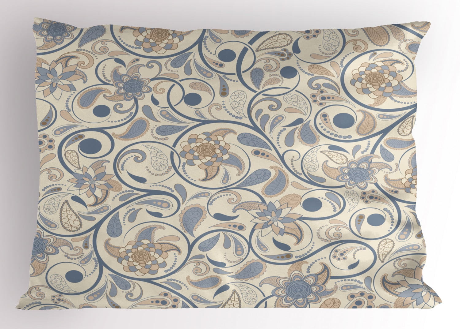Vintage Pillow Sham Oriental Scroll with Swirling Leaves with Eastern Design Inspirations, Decorative Standard Size Printed Pillowcase, 26 X 20 Inches, Beige Tan Slate Blue, by Ambesonne