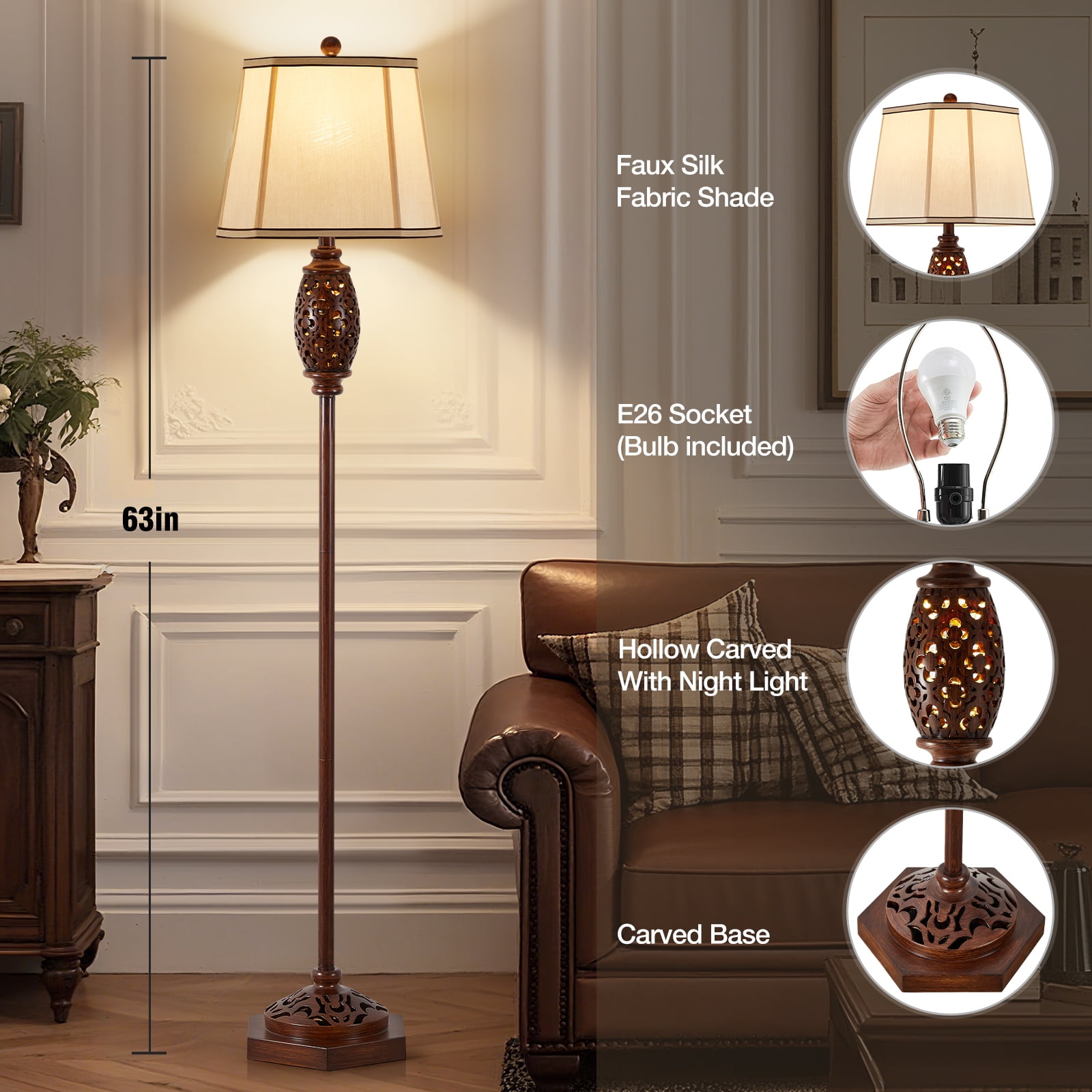 NATYSWAN  Vintage Floor Lamp - Brown Carved Resin with Hollow Light Design, Rustic Standing Lamp for Living Room, Bedroom, Study(Bulb Included)