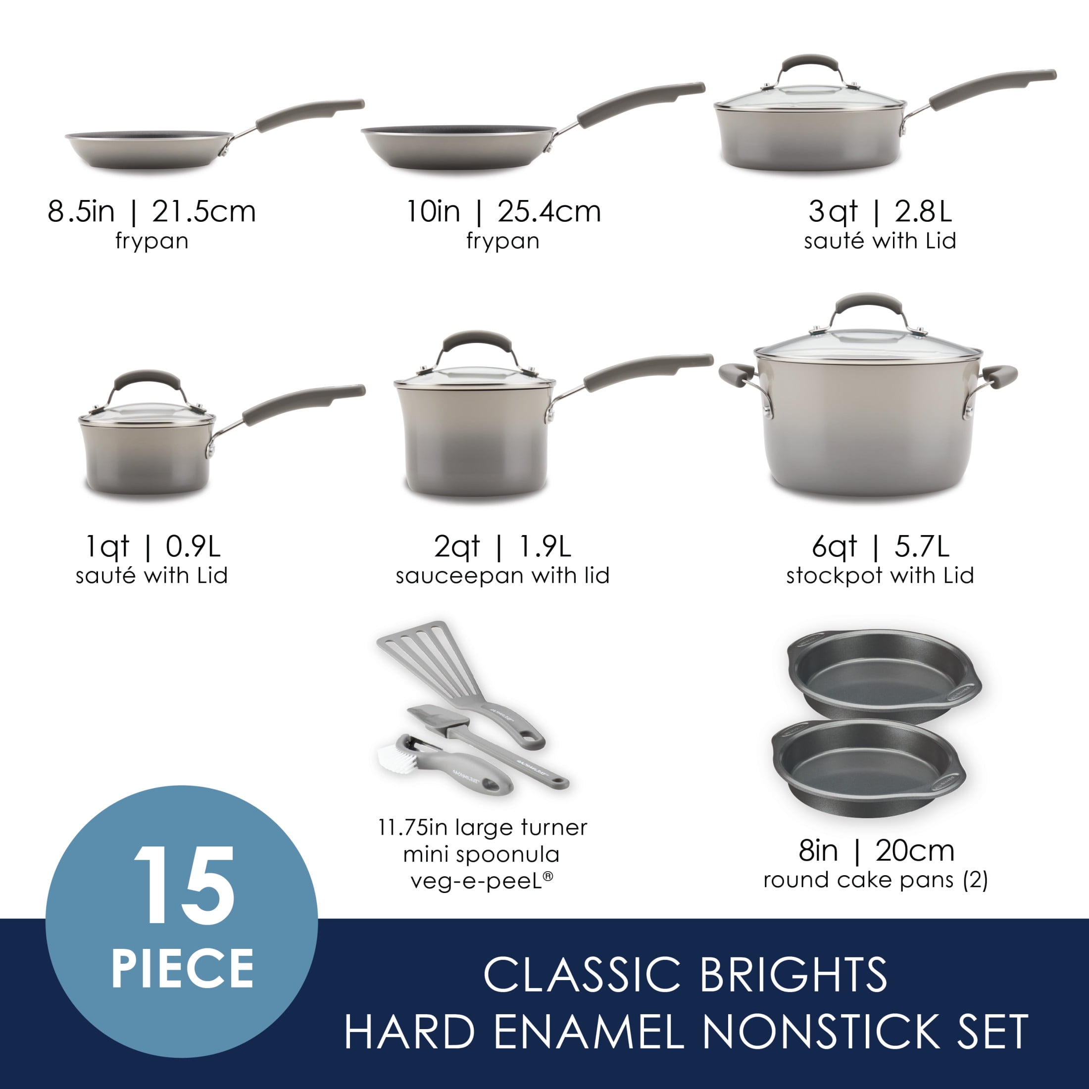 Rachael Ray 15 Piece Hard Enamel Nonstick Pots and Pans Set, Gray