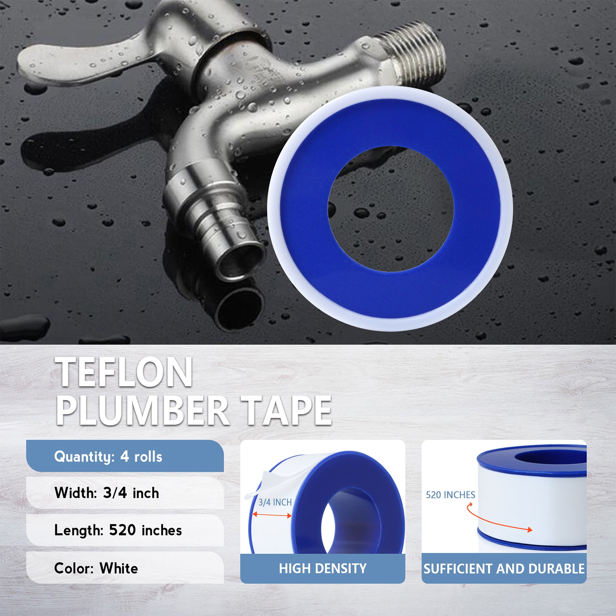 4 Rolls 3/4 Inch(W) X 520 Inches(L) Teflon Tape,for Plumbers Tape,Plumbing  Tape,Thread Tape,PTFE Tape,Plumber Tape for Shower Head,Thread Seal,Pipe  Sealing,White 
