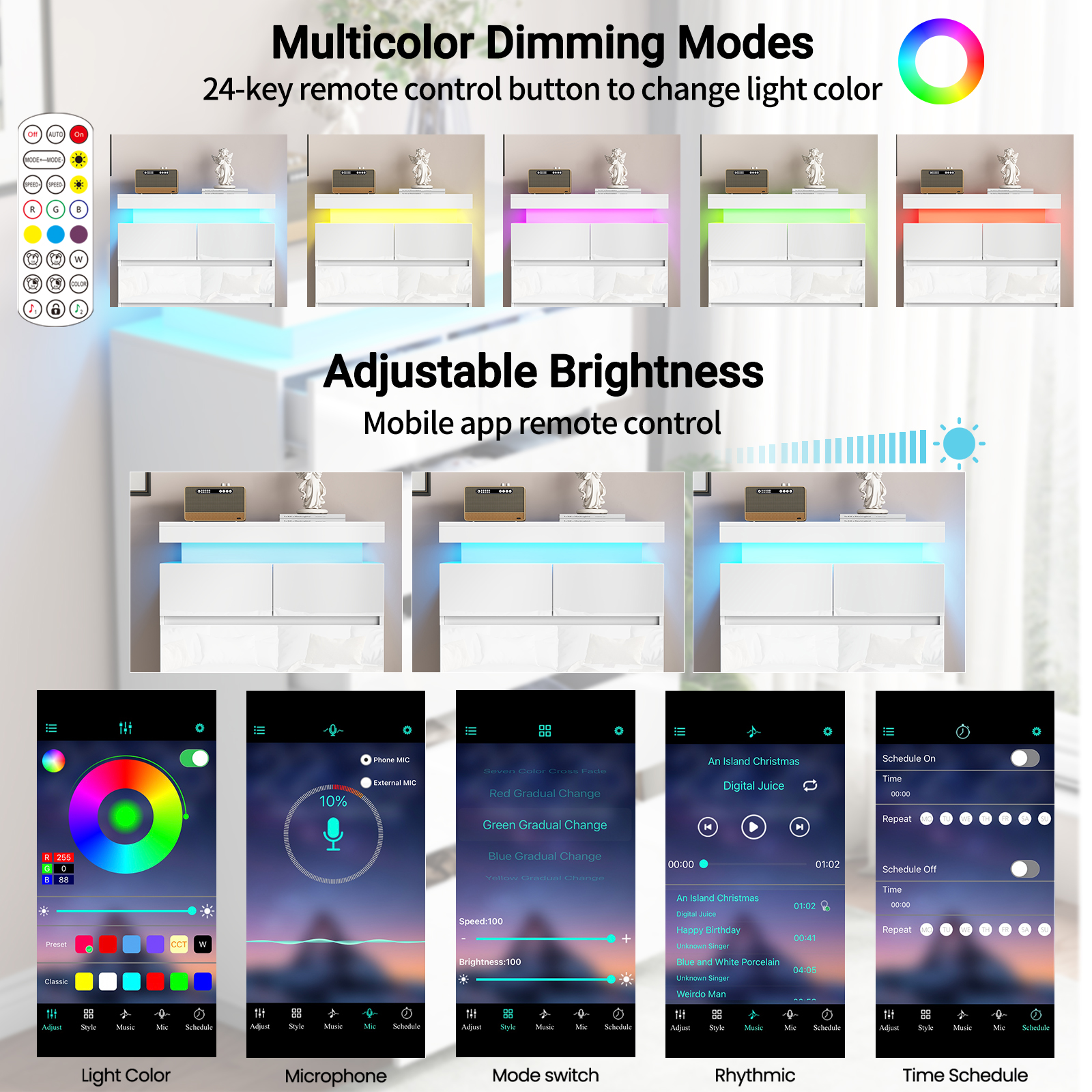 6 Drawers Dresser, Modern Tall Dresser for Closet with Adjustable LED Lights, High Gloss Chests of Drawers, Wood Storage Cabinet for Bedroom, Entryway, Living Room, Dressing Room, White