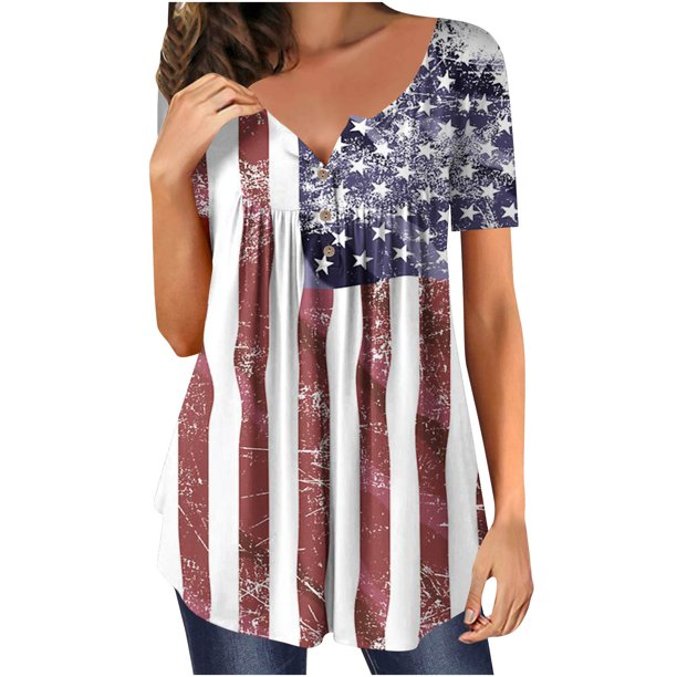 Shirt for Women Printed Button V Neck Short Sleeve Tunic