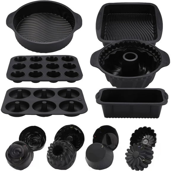 30PCS Silicone Baking Set: Nonstick Silicone Bakeware Sets Including Baking Sheet, Cake Mold, Cake Pan, Toast Mold, Muffin Pan, Donut Pan, and 24 Cupcake Mold Silicone Baking Cups Set (Black)