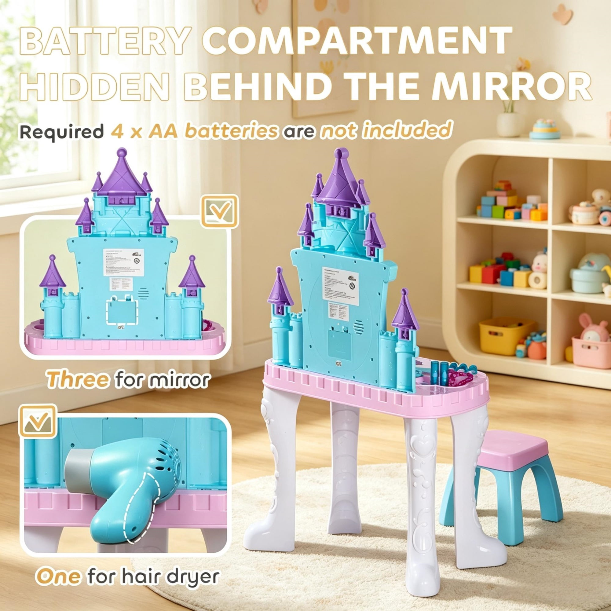 Kids Dressing Table with Mirror Lights and Magic Wand for Ages 3-6