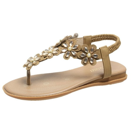 

Alueeu ladies shoes casual Spring And Summer Women Sandals Bohemian Rhinestones Beaded Ethnic Flat Shoes Khaki 38