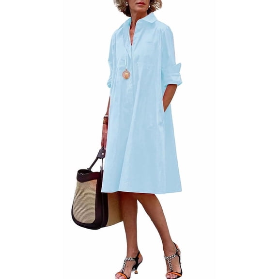 Chouyatou Women's Spring Summer Button-Down Shirt Dress Loose A-Line Midi Shift Tunic Dress