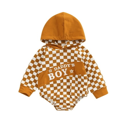 

Calsunbaby Infant Baby Boys Girls Autumn Bodysuit Checkerboard Letter Print Long Sleeve Hoodie Romper Sweatshirt Khaki 0-3 Months