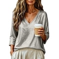thumbnail image 6 of YuXingFu Women's Tops, Tees & Blouses V-Neck Pleated Ruffle Hem for Casual Silver XXL, 6 of 9