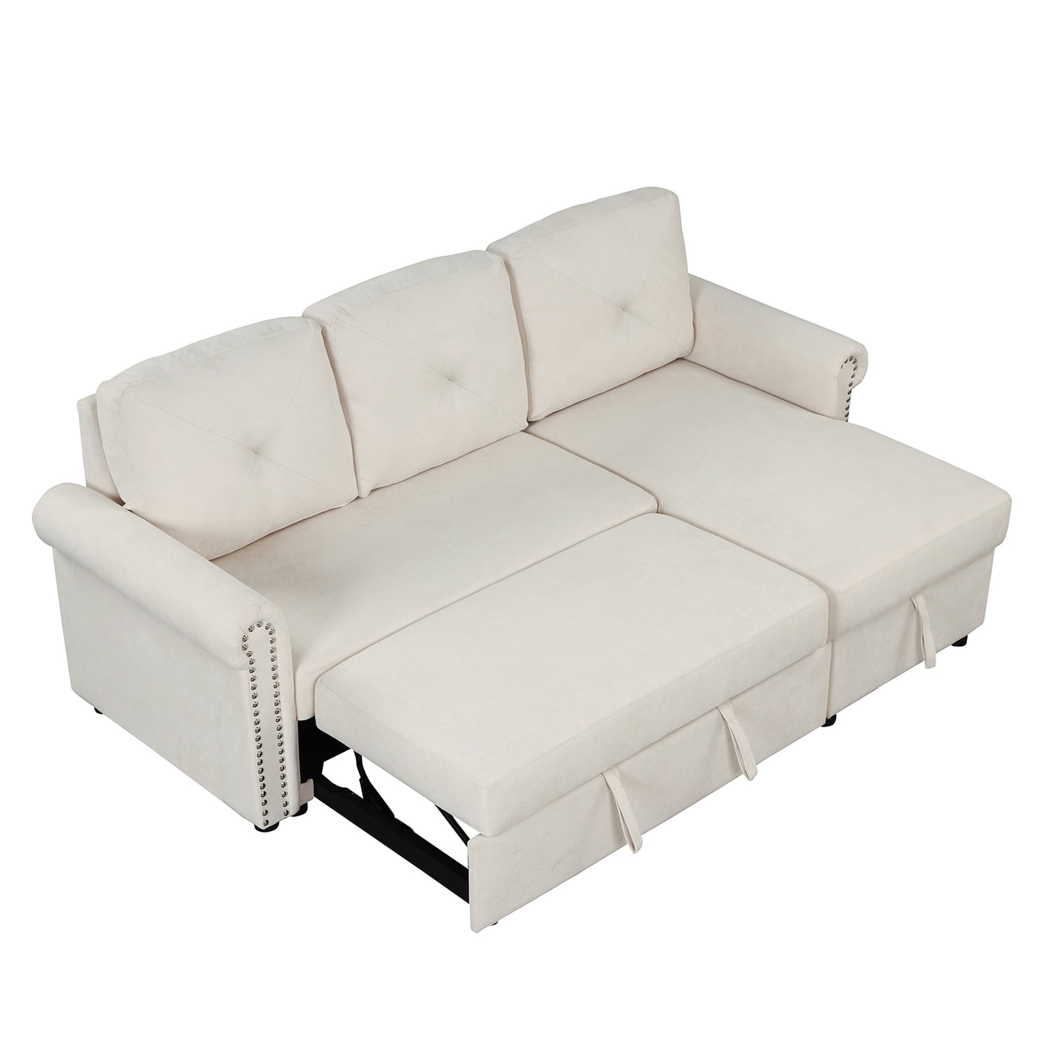 Kadyn 83" Mid-century Velvet Convertible Sectional Sofa Bed, 3-Seater L-shape Corner Futon Sofa with Storage Chaise, Modern Sleeper Sofa Bed for Apartment, Beige