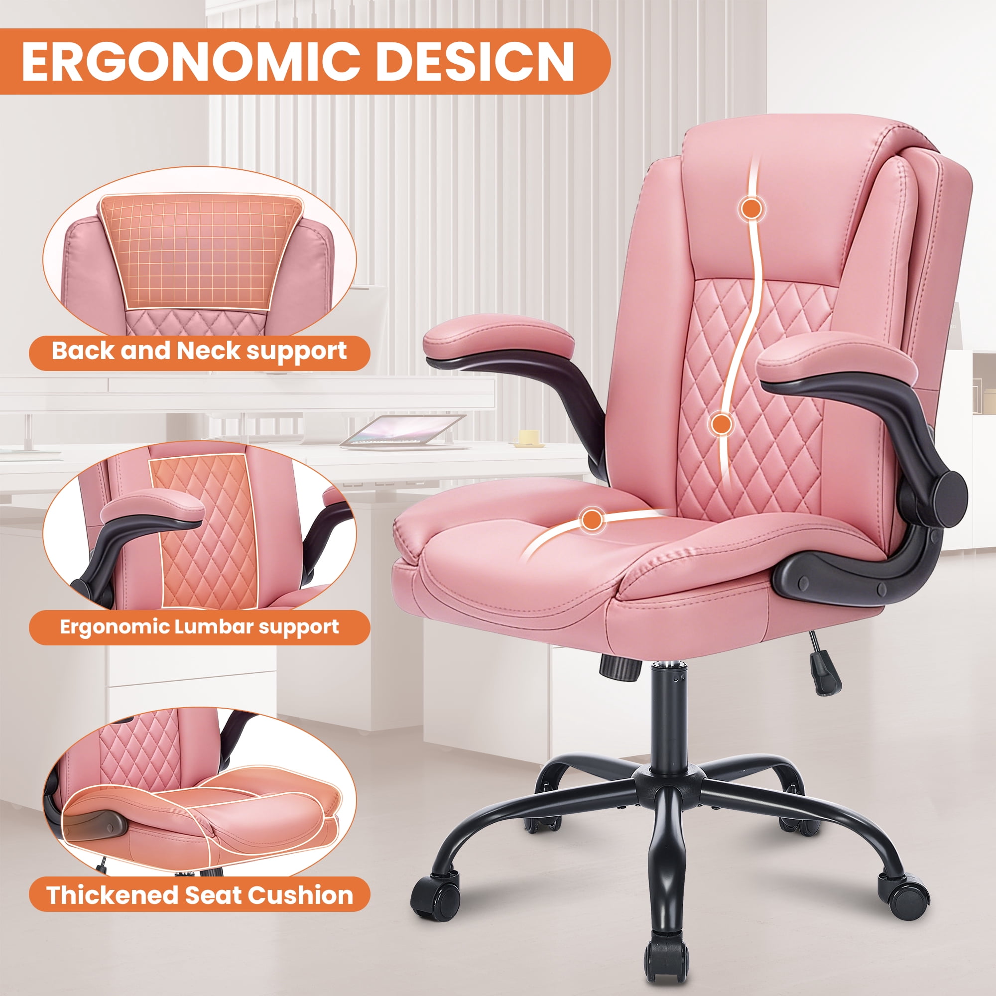 Fantasylab Executive Ergonomic 300LBS PU Leather Home Office Desk Chair, Computer Desk Chair with Adjustable Armrest,PINK