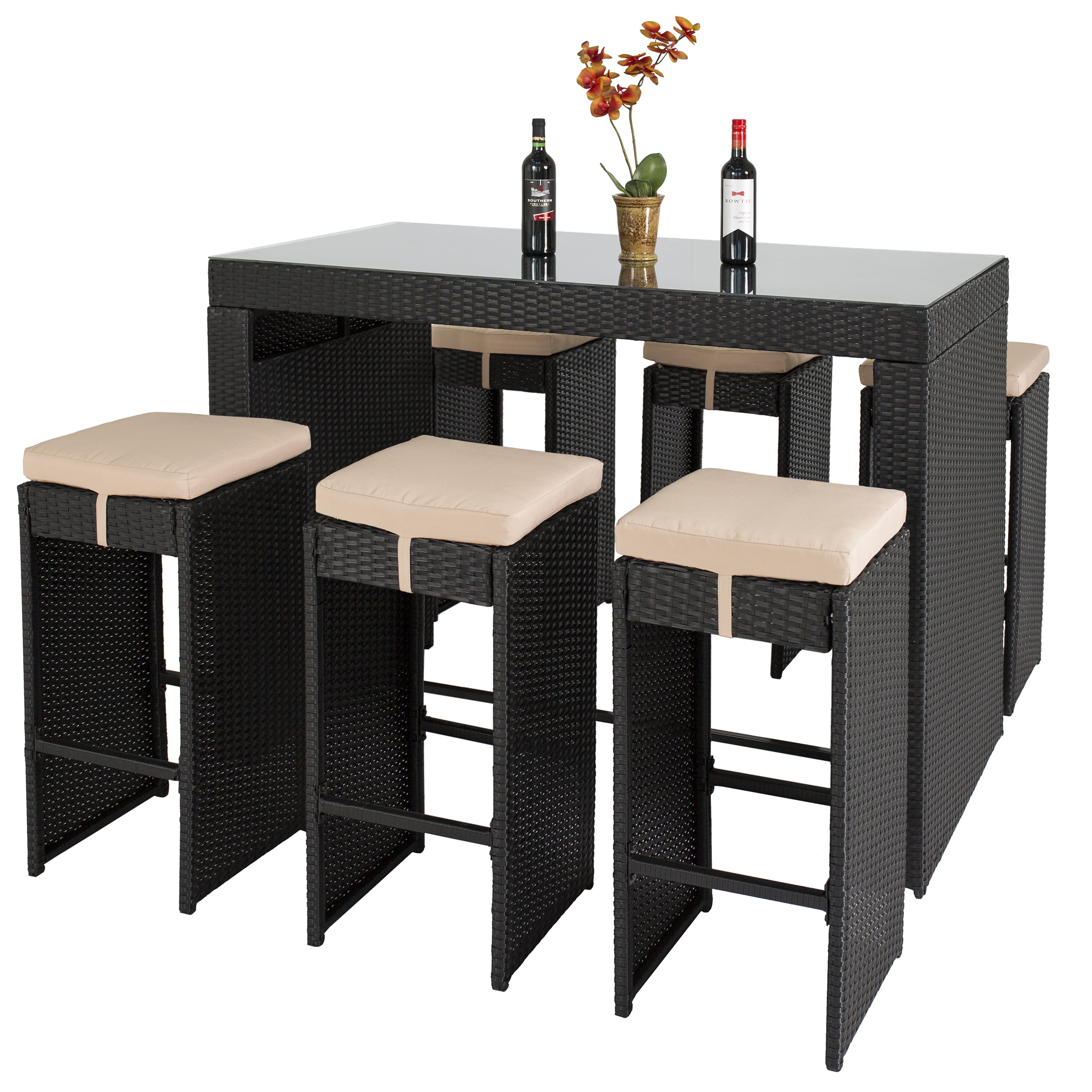 Best Choice Products 7pc Rattan Wicker Bar Dining Table Patio