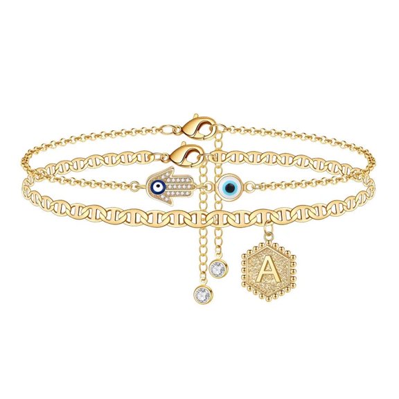 TINGN Evil Eye Ankle Bracelets for Women 14K Gold Plated Hexagon Pendant Initial A-Z Gold Anklets Jewelry Gifts