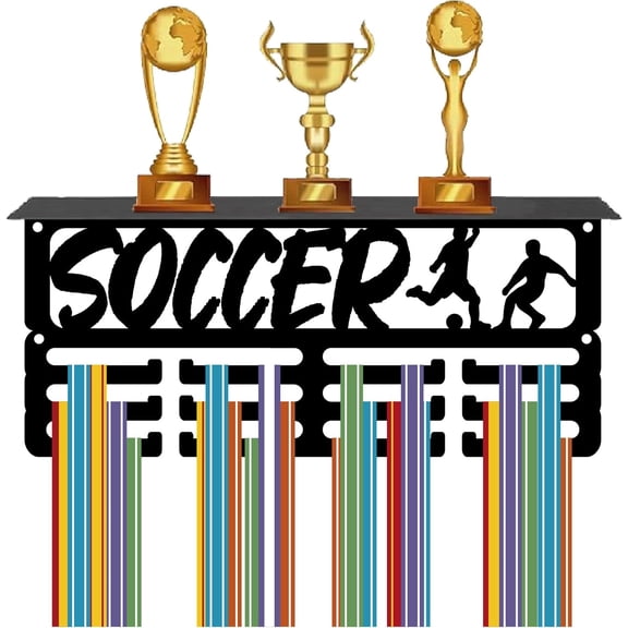 Football Medal Display Hanger Trophy Shelf with 12Hooks Soccer Medal Holder Hanger Black Metal Shelf Trophy Display Wall Mount 60 Medals Organizer Rack for Awards Ribbons 11.4x5x4Inch Black