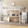 thumbnail image 2 of Full Size Loft Bed with L-shaped Desk & USB Ports, Metal Loft Bed with Wardrobe & Adjustable Shelf, High Loft Bed with LED Lights, White, 2 of 10