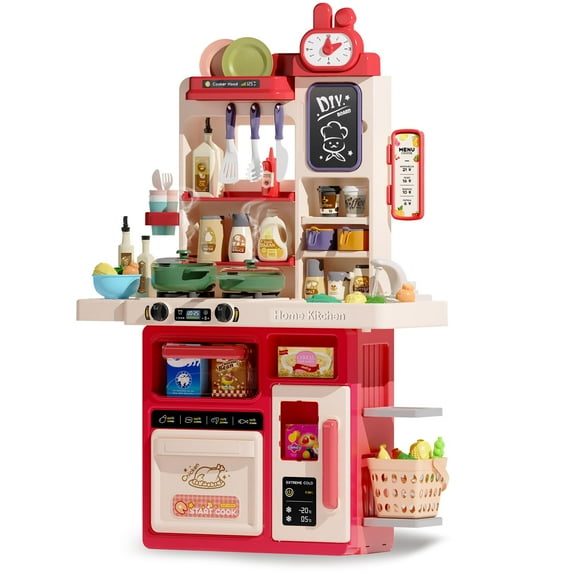 JUGAAD LIFE 63PCS Kids Kitchen Playset, 33.8Inch Play Kitchen Toy with Sound & Light, Cooking Stove with Steam, Sink and Kitchen Accessories Set, Pretend Food Toys for Boys Girls Toddlers - Pink