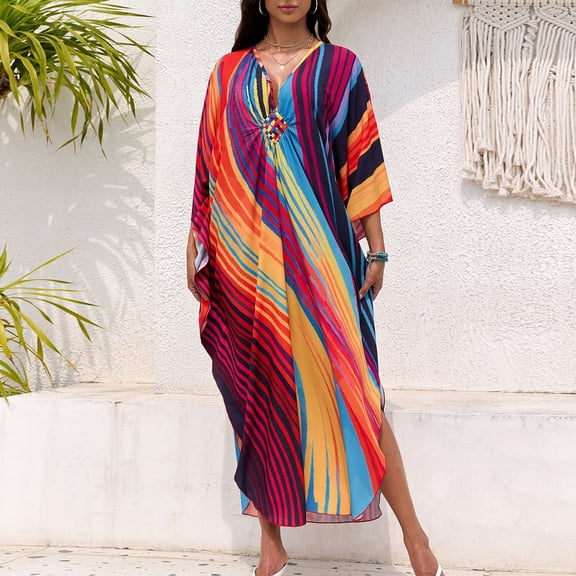Stralyhd Dresses for Women Plus Size V Neck Caftans Long Batwing Sleeve Beach Cover Ups Summer Boho Oversized Printed Cover Up Dress 2026 Wine One Size