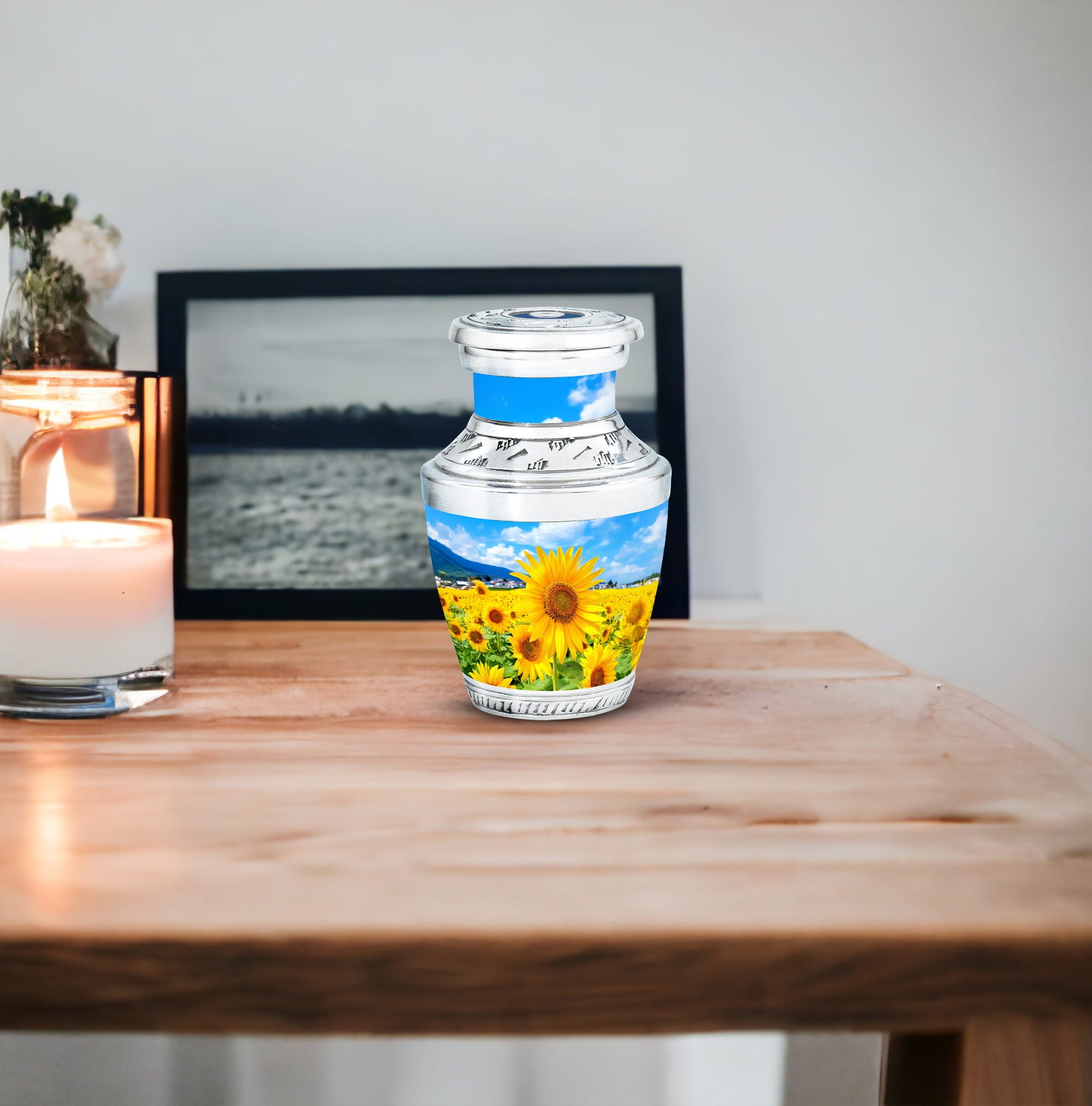 MUKTIVE Sunflowers Memorial Blue Urns for Adult Human Ashes, Burial Urns for Father & Mother Cremation, Keepsake Cremains Ash holder 3 Inch