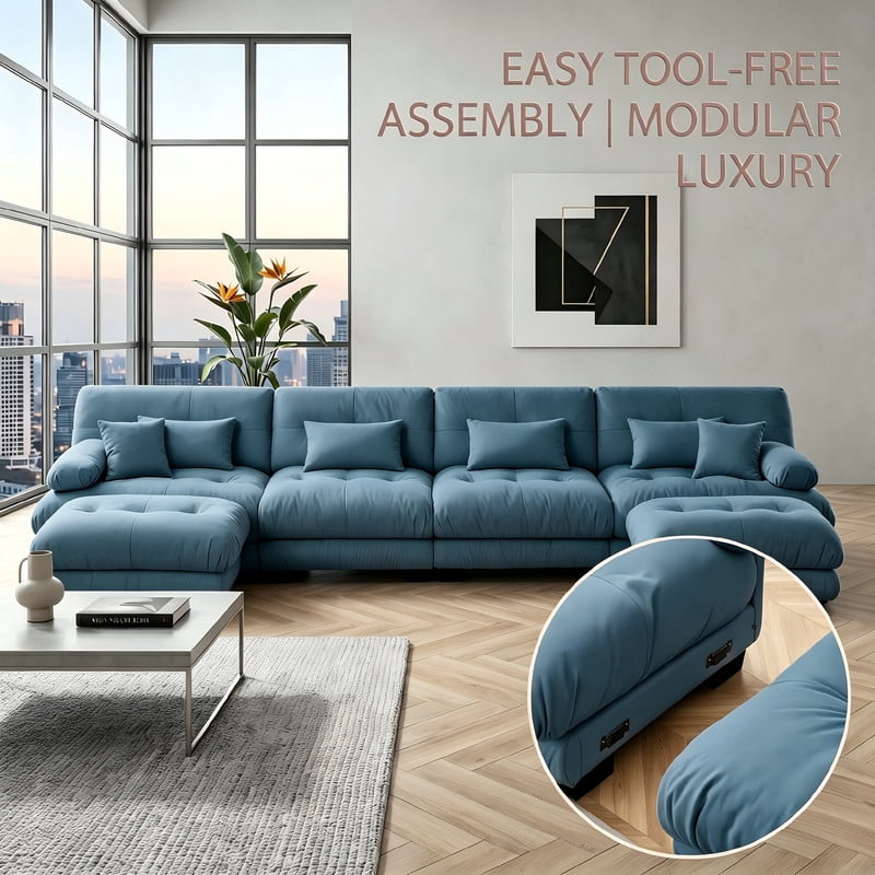ANPPORT Cloud Couch Sleeper Sofa, Chenille Blue 4-Seater Modular Sofa with 2 Ottomans, 4 Lumbar pillows, 2 Pillows, Comfy Deep Seat Cloud Sofa, Convertible L-Shaped Floor Couch for Living Room