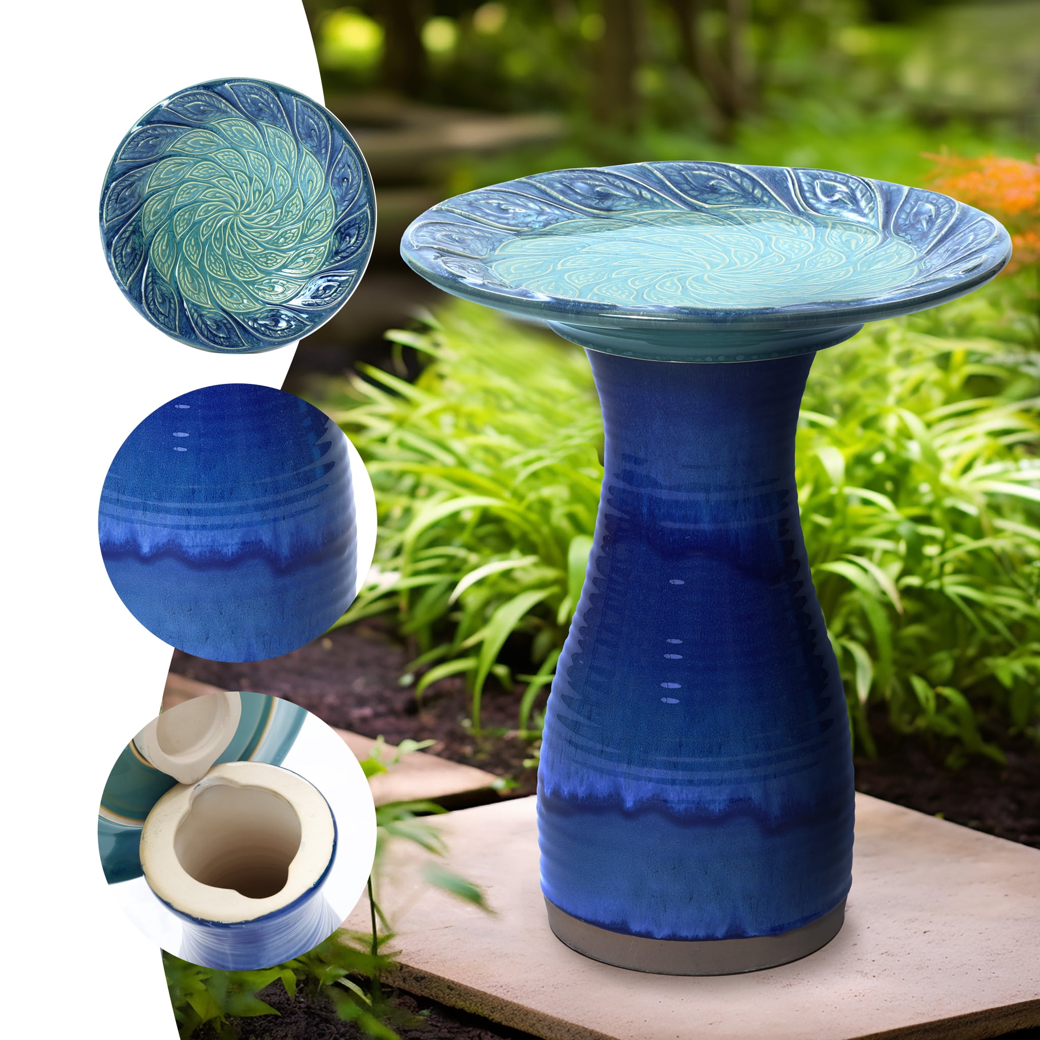 LuxenHome 20 Inch Ceramic Bird Bath for Outside, Elegant Tall Outdoor Bird Bath with Leaf Pattern