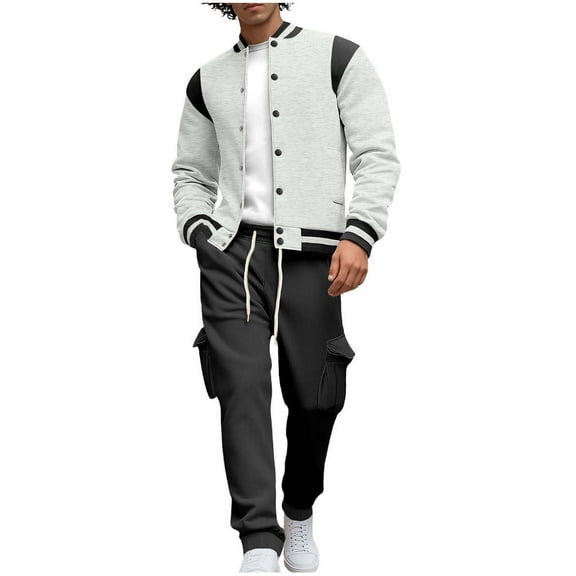 Gytharion Sweatsuits for Men 2 Piece Sets Lightweight Casual Long Sleeve Button Down Stand Collar Baseball Jacket and Cargo Joggers Sets Loose Comfy Fleece Track Suits with Pockets