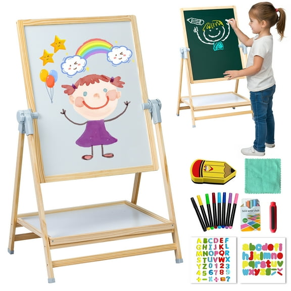 Jacgood Art Easel for Kids, Adjustable Double Side Art Drawing Standing Dry Erase & Chalkboard for Boy & Girls , Adjustable Height, Wooden Gift & Art Supplies