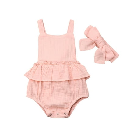 

Puloru Baby Girls Summer Clothes Set Sleeveless Backless Ruffle Romper+Headband