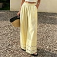 thumbnail image 2 of Womens Linen Lace Trim Pants Summer Boho Elastic Waist Wide Leg Palazzo Pants Flowy Pull on Vacation Beach Pants, 2XL, 2 of 5