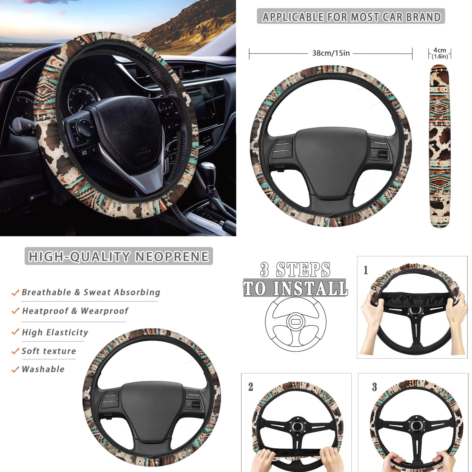 Renewold American Tribal Brown Cow Print Retro Car Seat Cover Full Set with Steering Wheel Cover Gear Shift Knob Cover Handbrake Protector Coasters Headrest Covers Fit for Most Vehicles, Set of 11