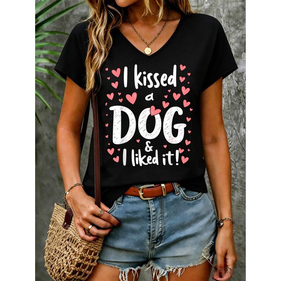 I Kissed a Dog & I Like it Cute Girls Tee Dogs Lover Funny V Neck T-Shirt Cotton Women's V Neck Graphic Tee, Casual Short Sleeve Shirt,Vacation Outfit