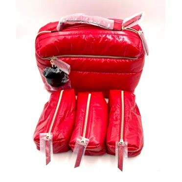 Estee Lauder Fluffy Train Case Bag   3 Little Bags with Handle ~ Red