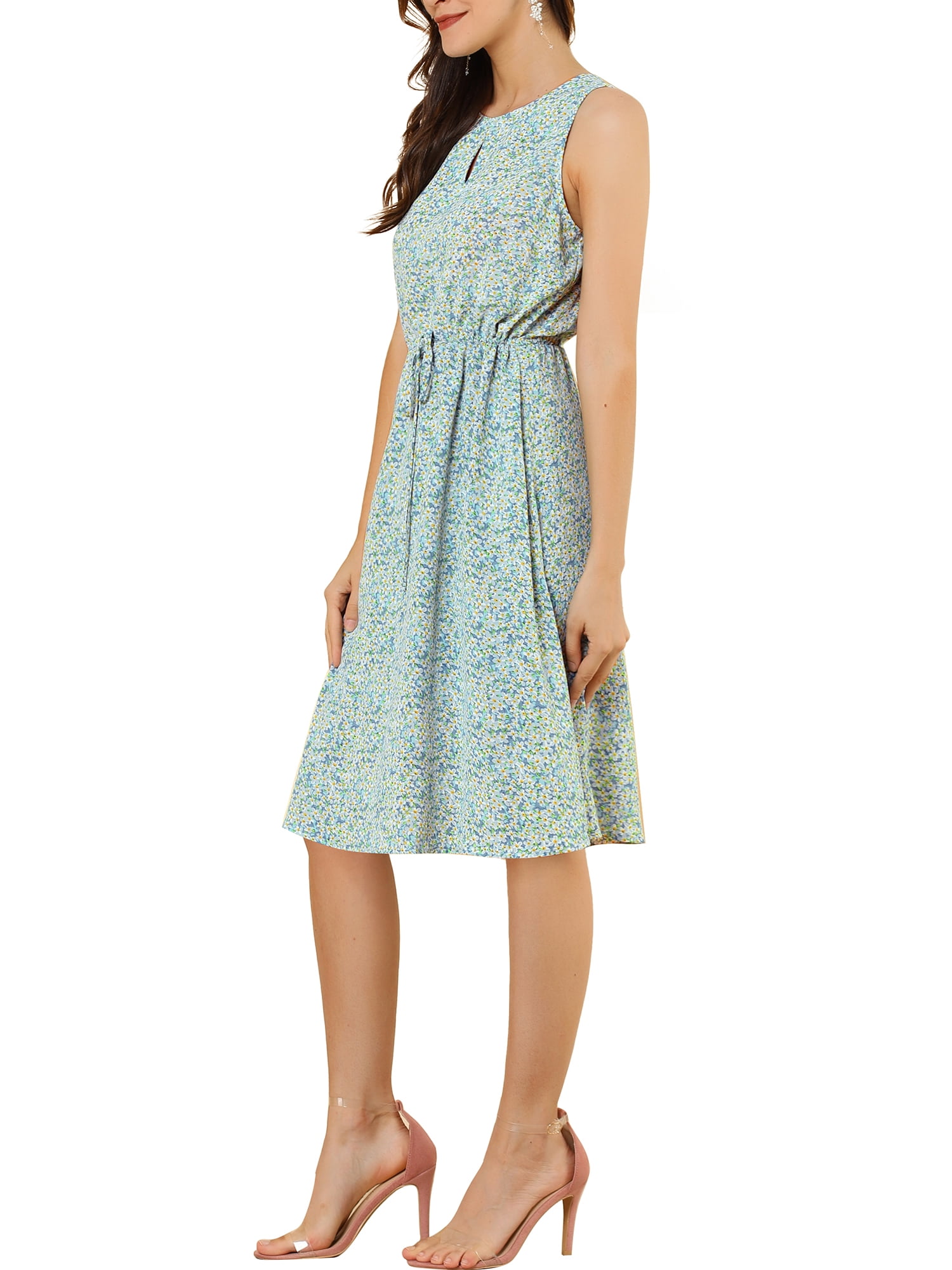 DARING DIVA Floral Sleeveless Drawstring Waist A-Line Dress XS Light Blue