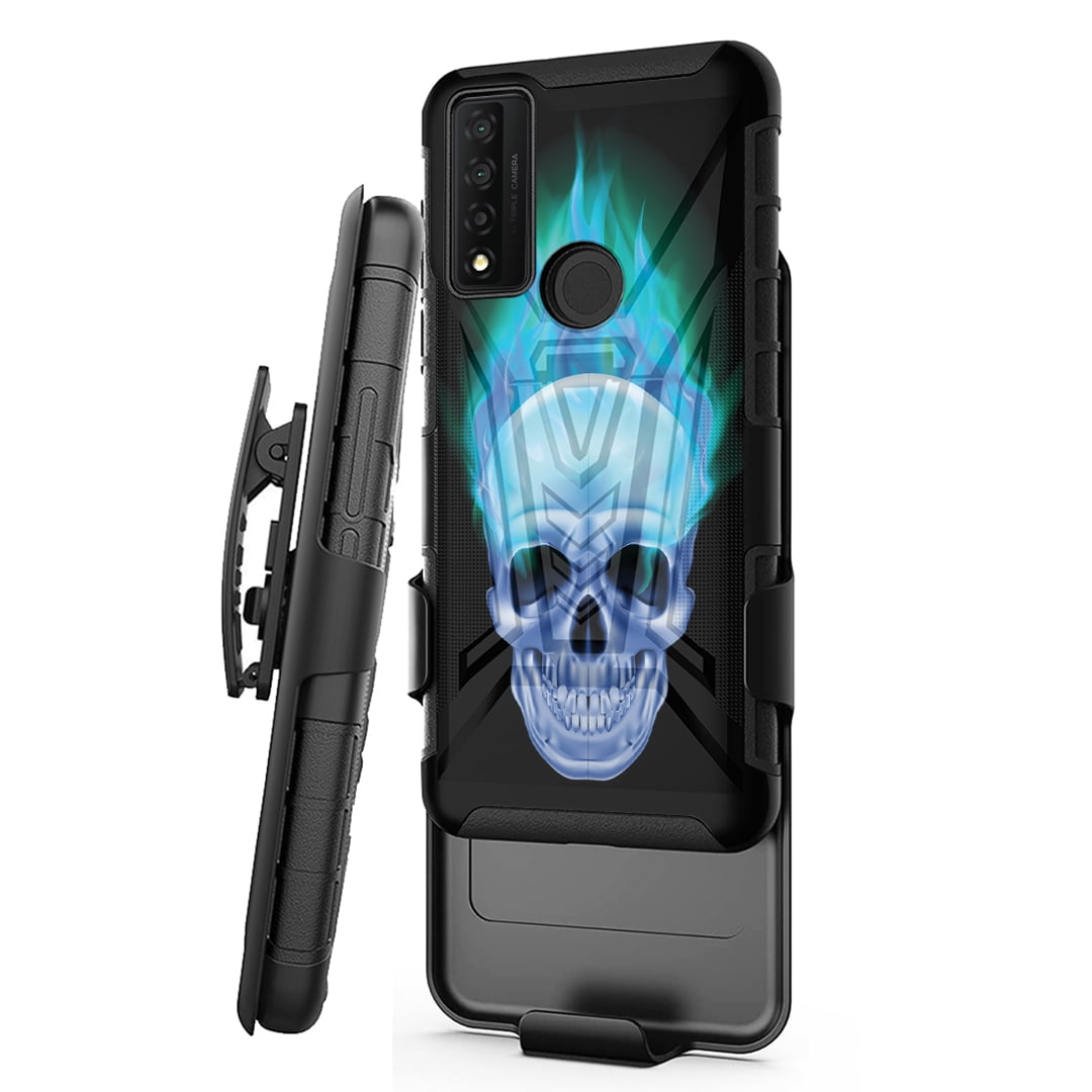 Capsule Case Compatible with TCL 20XE [Shockproof Military Grade Heavy Duty Kickstand Belt Clip Holster Rugged Case Black Phone Cover] for TCL 20 XE (Blue Flame Skull)